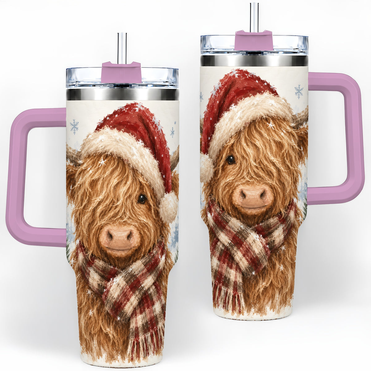 #pl[40oz|Pink] Christmas Highland Cow 40oz Tumbler, Winter Farmhouse Drinkware