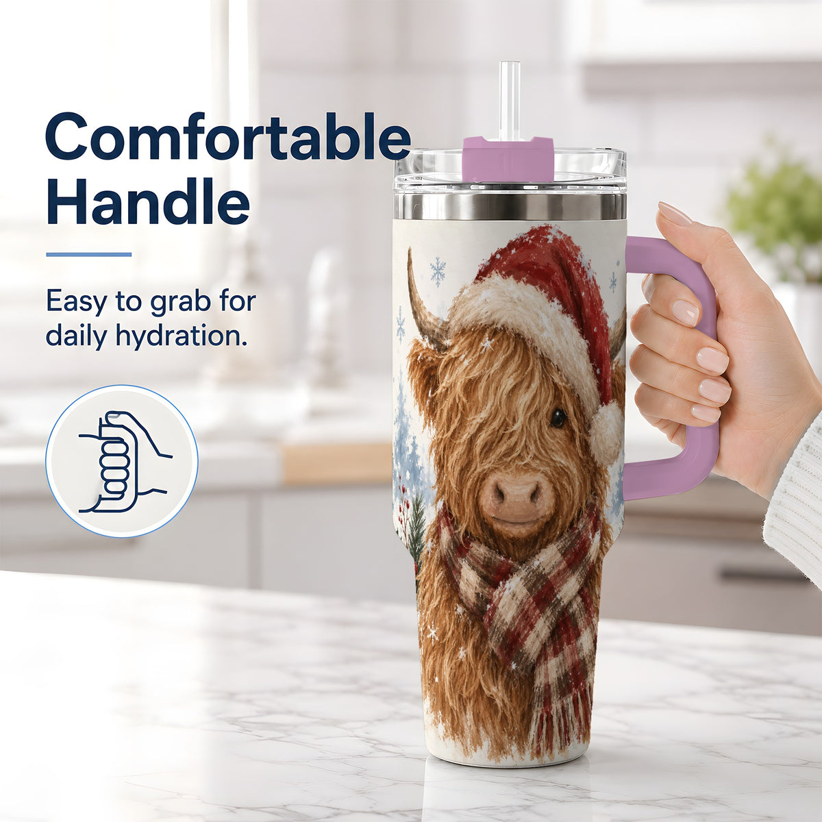 #pl[40oz|Pink] Christmas Highland Cow 40oz Tumbler, Winter Farmhouse Drinkware