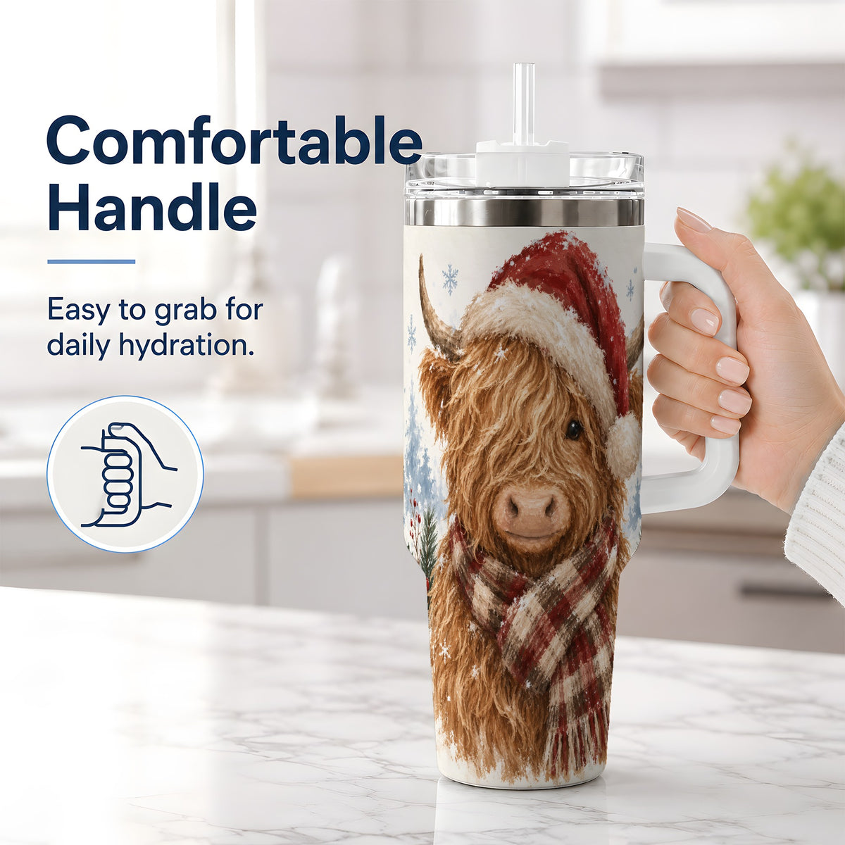 #pl[40oz|White] Christmas Highland Cow 40oz Tumbler, Winter Farmhouse Drinkware