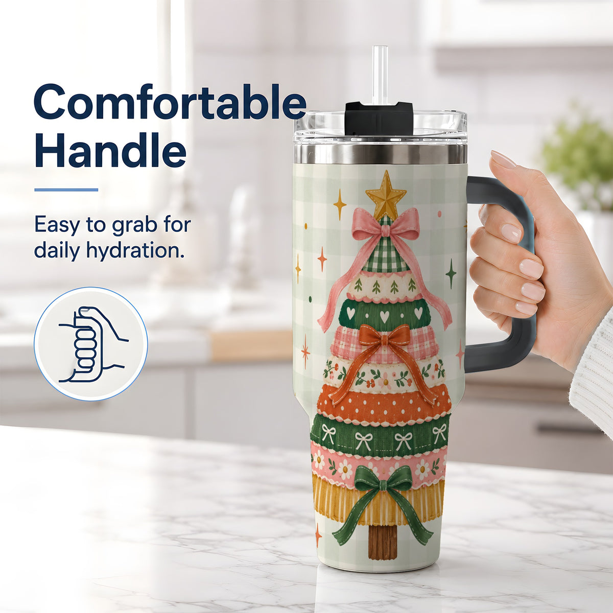 #pl[40oz|Black] Patchwork Christmas Tree 40oz Tumbler, Bow Holiday Drinkware
