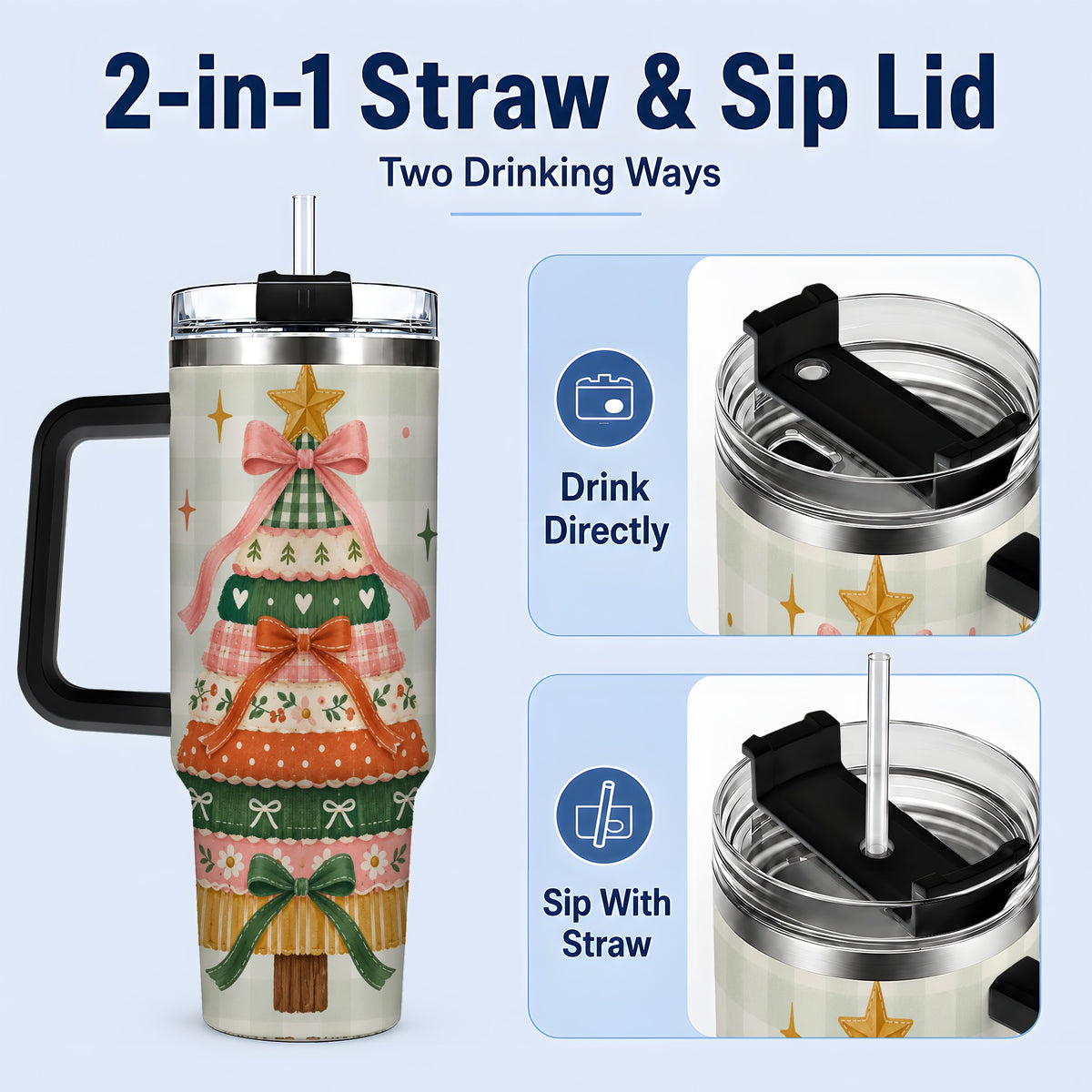 #pl[40oz|Black] Patchwork Christmas Tree 40oz Tumbler, Bow Holiday Drinkware