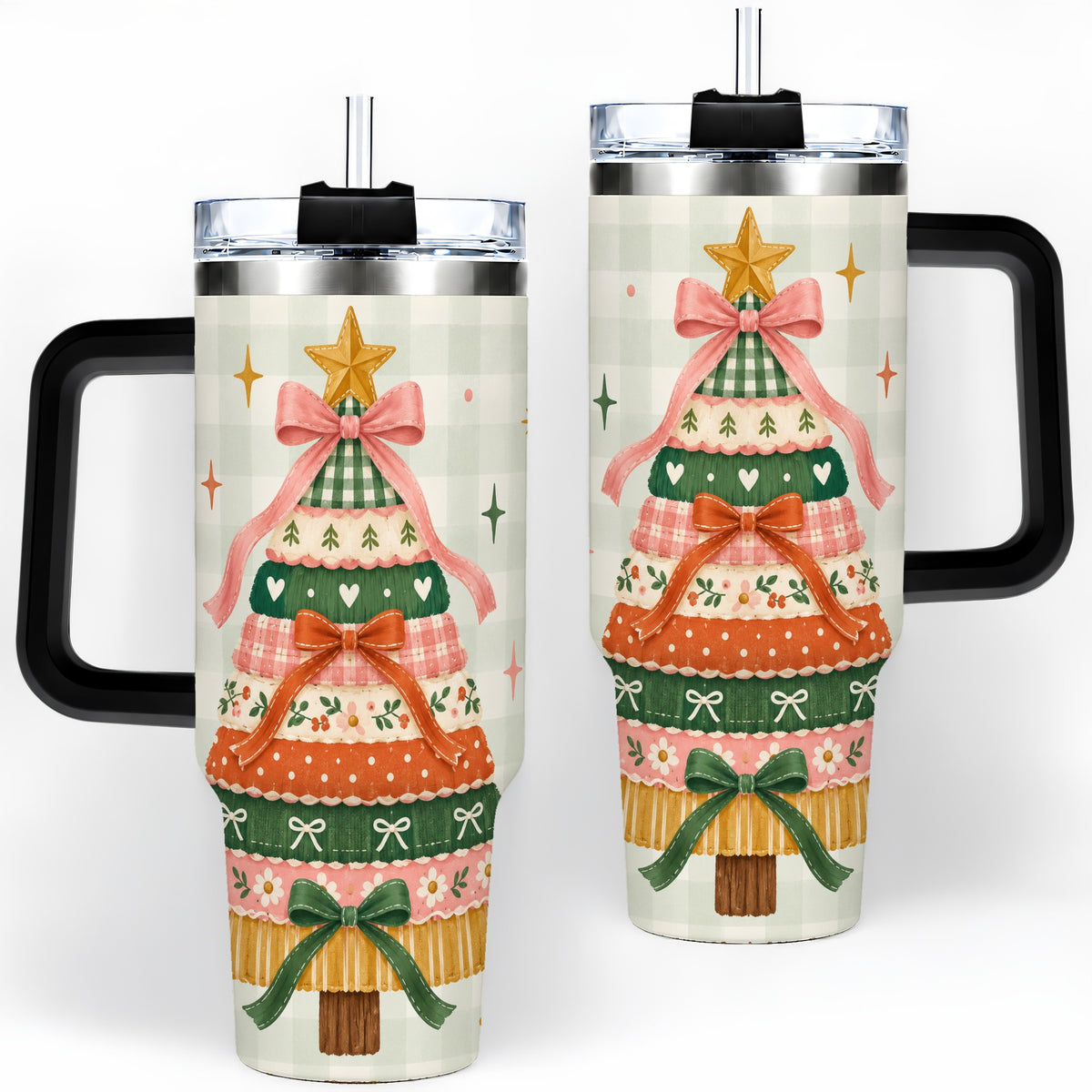 #pl[40oz|Black] Patchwork Christmas Tree 40oz Tumbler, Bow Holiday Drinkware