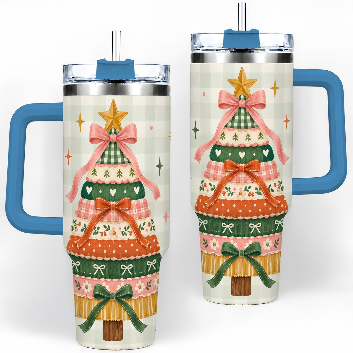 #pl[40oz|Blue] Patchwork Christmas Tree 40oz Tumbler, Bow Holiday Drinkware