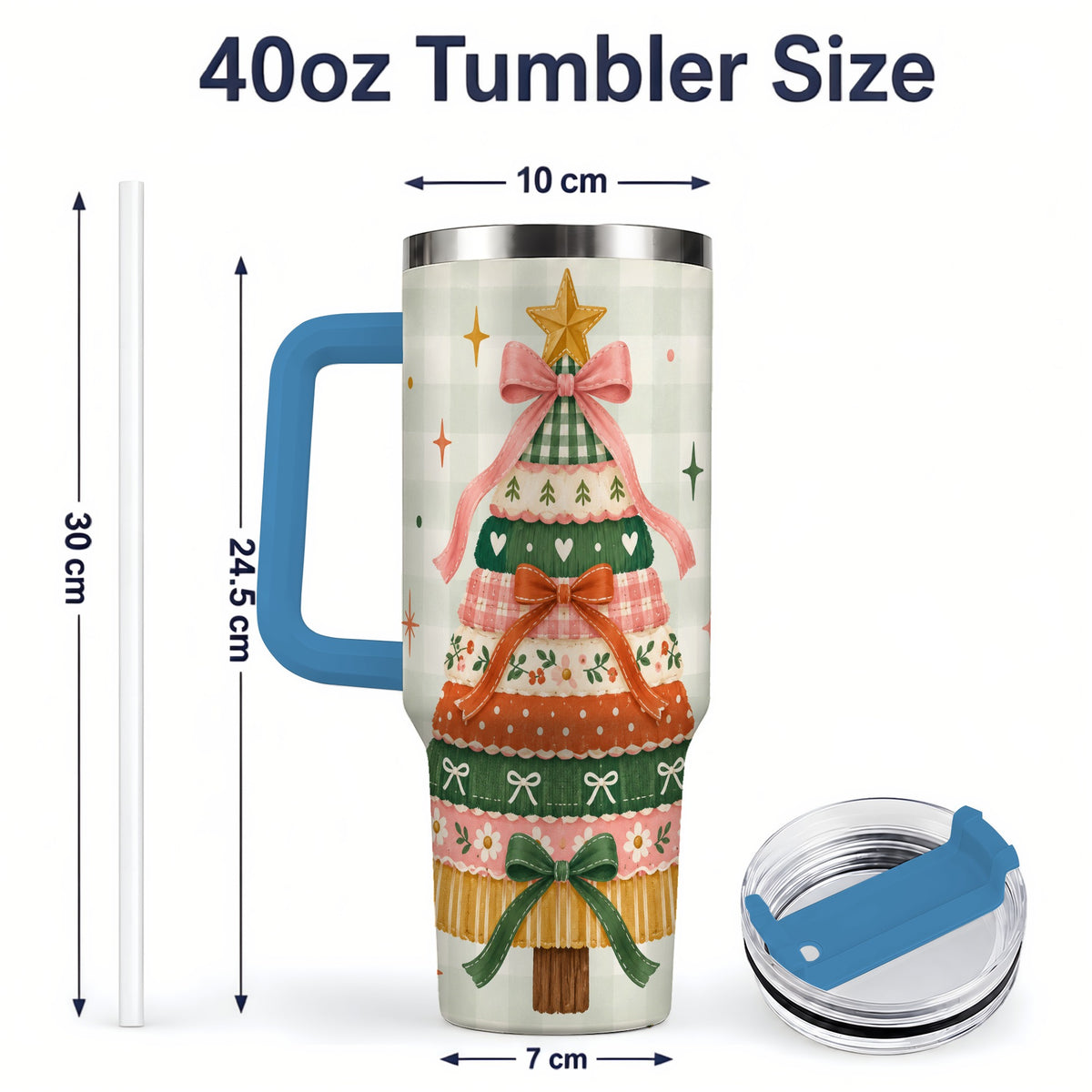 #pl[40oz|Blue] Patchwork Christmas Tree 40oz Tumbler, Bow Holiday Drinkware