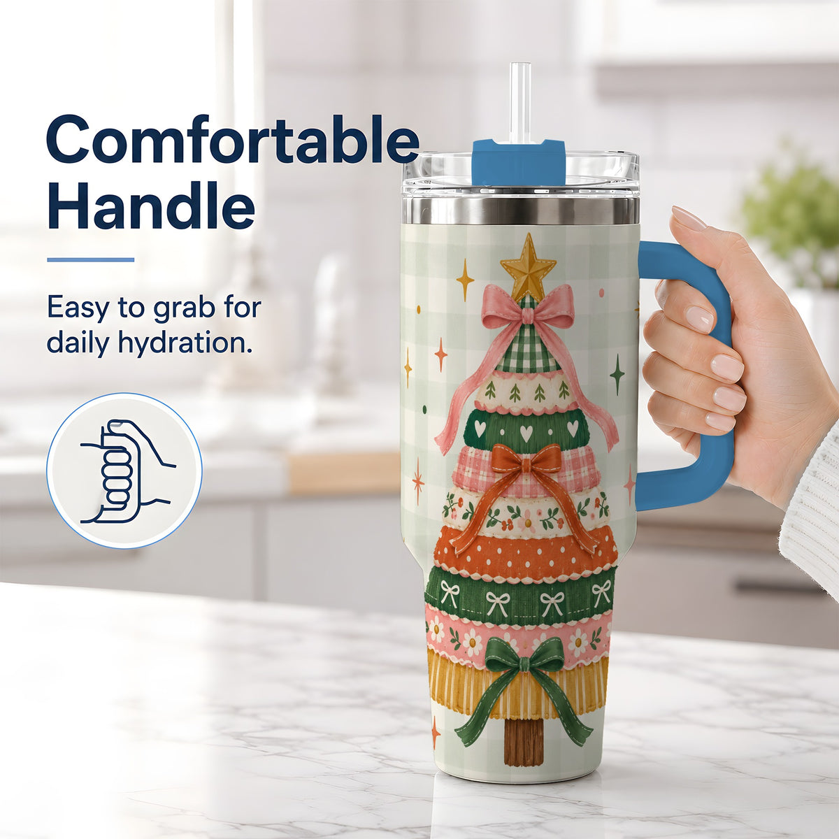 #pl[40oz|Blue] Patchwork Christmas Tree 40oz Tumbler, Bow Holiday Drinkware