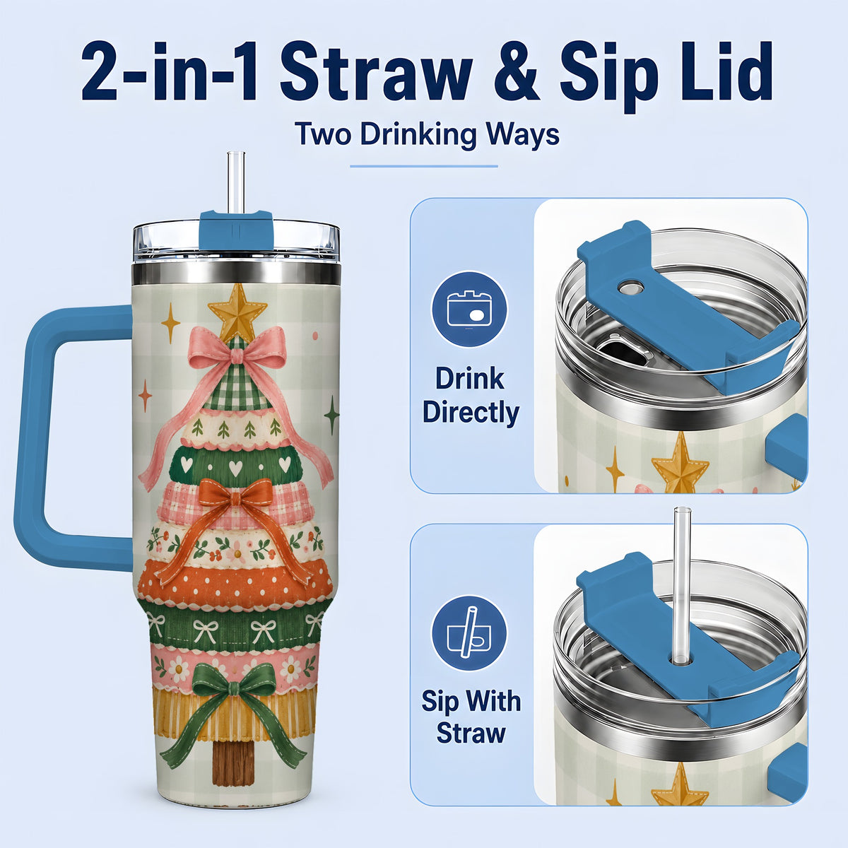 #pl[40oz|Blue] Patchwork Christmas Tree 40oz Tumbler, Bow Holiday Drinkware