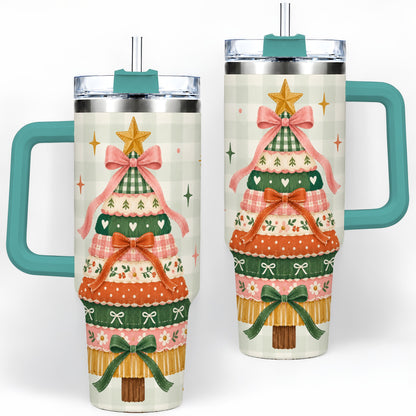 #pl[40oz|Green] Patchwork Christmas Tree 40oz Tumbler, Bow Holiday Drinkware