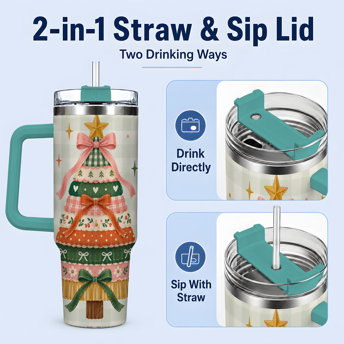 #pl[40oz|Green] Patchwork Christmas Tree 40oz Tumbler, Bow Holiday Drinkware