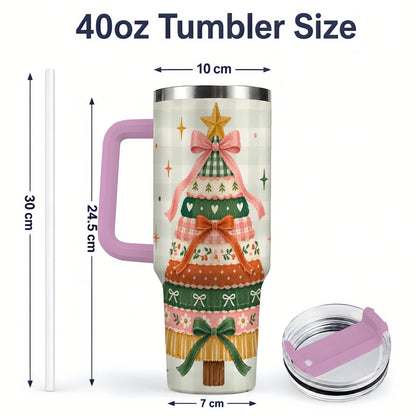 #pl[40oz|Pink] Patchwork Christmas Tree 40oz Tumbler, Bow Holiday Drinkware