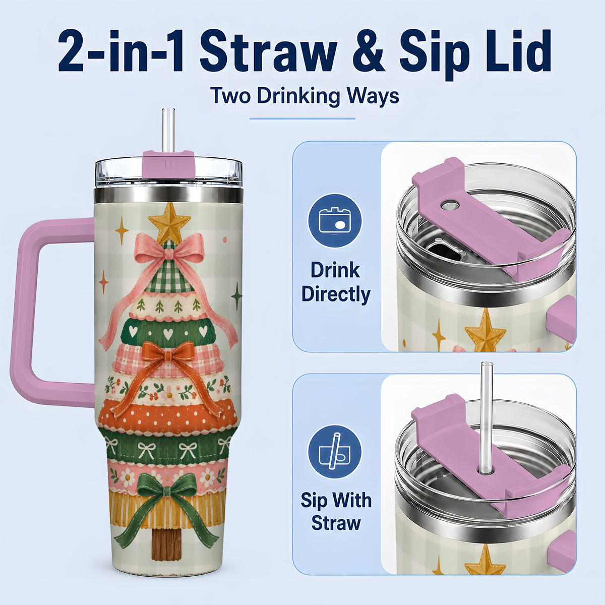 #pl[40oz|Pink] Patchwork Christmas Tree 40oz Tumbler, Bow Holiday Drinkware