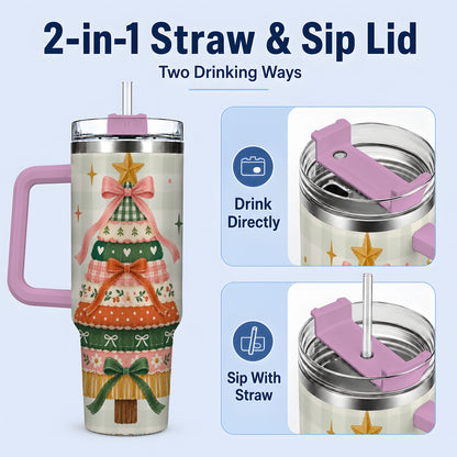 #pl[40oz|Pink] Patchwork Christmas Tree 40oz Tumbler, Bow Holiday Drinkware
