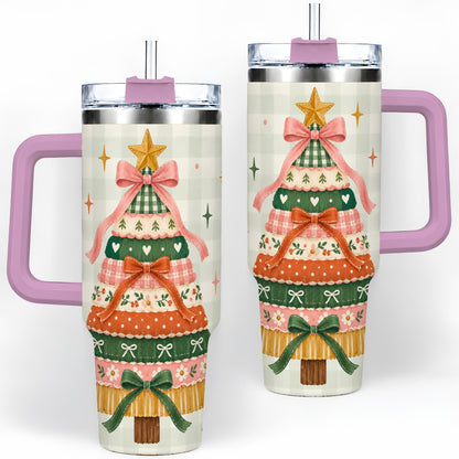 #pl[40oz|Pink] Patchwork Christmas Tree 40oz Tumbler, Bow Holiday Drinkware
