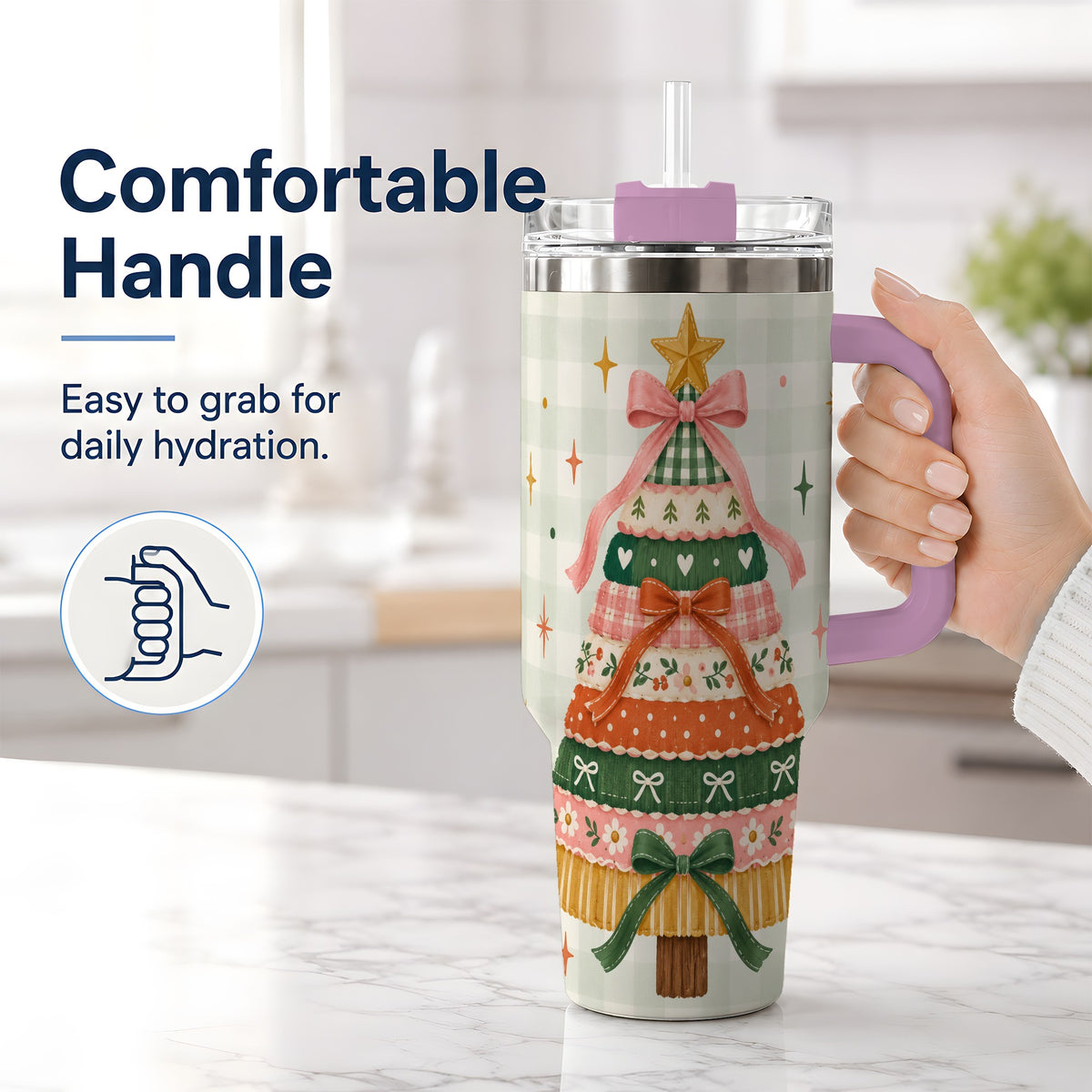 #pl[40oz|Pink] Patchwork Christmas Tree 40oz Tumbler, Bow Holiday Drinkware