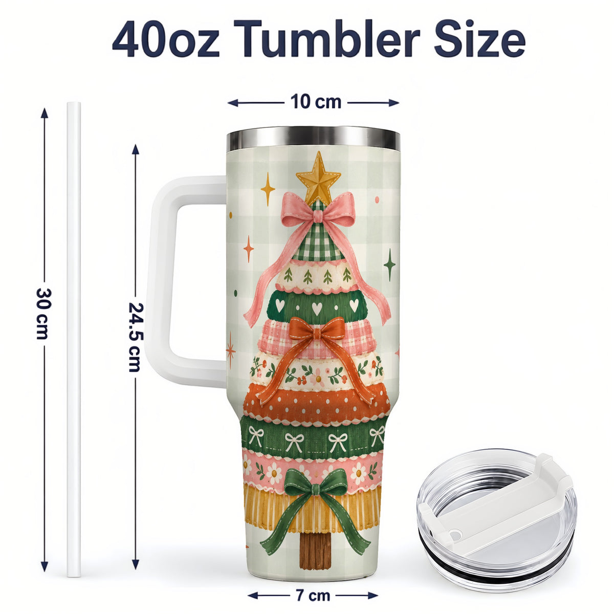#pl[40oz|White] Patchwork Christmas Tree 40oz Tumbler, Bow Holiday Drinkware