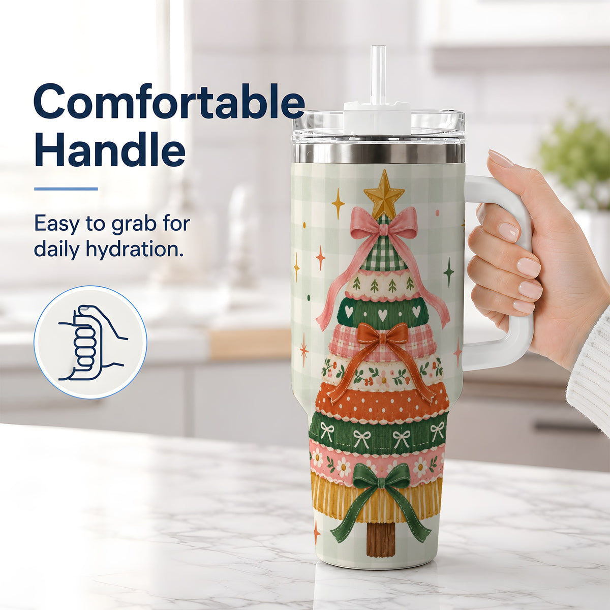 #pl[40oz|White] Patchwork Christmas Tree 40oz Tumbler, Bow Holiday Drinkware