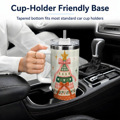 #pl[40oz|White] Patchwork Christmas Tree 40oz Tumbler, Bow Holiday Drinkware