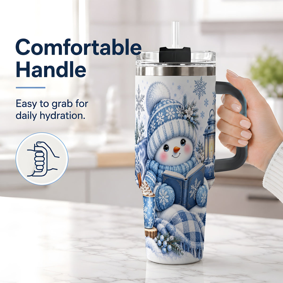 #pl[40oz|Black] Cozy Winter Snowman 40oz Tumbler, Reading Holiday Drinkware