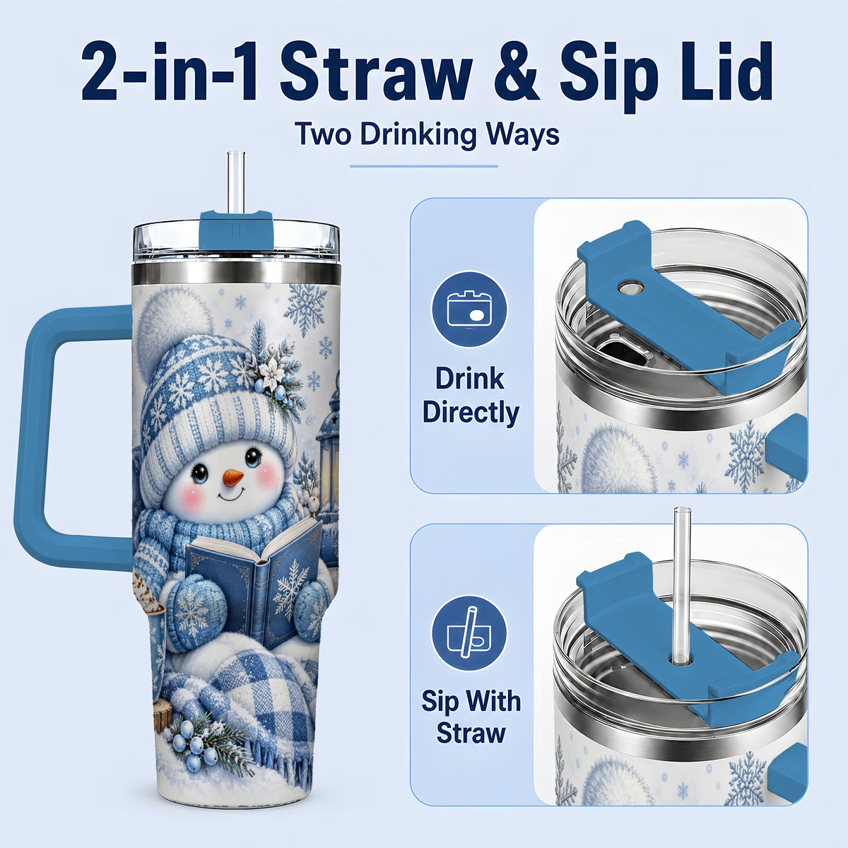 #pl[40oz|Blue] Cozy Winter Snowman 40oz Tumbler, Reading Holiday Drinkware