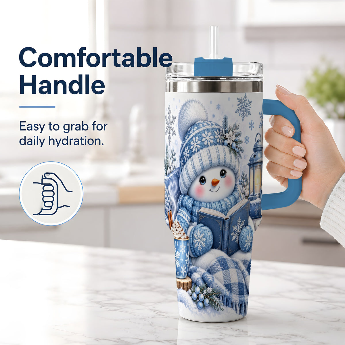 #pl[40oz|Blue] Cozy Winter Snowman 40oz Tumbler, Reading Holiday Drinkware