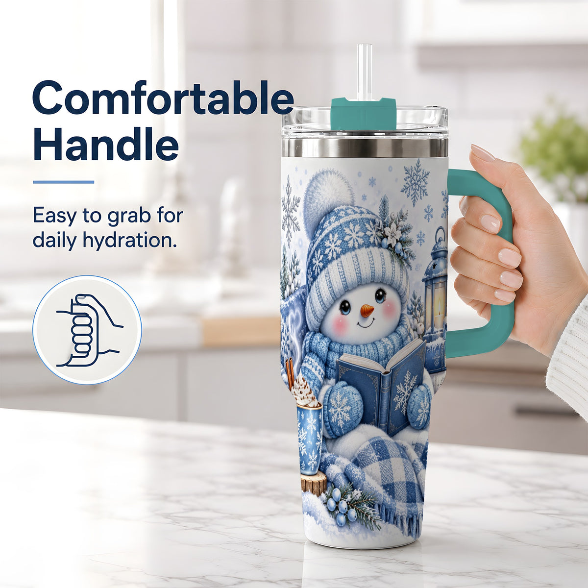 #pl[40oz|Green] Cozy Winter Snowman 40oz Tumbler, Reading Holiday Drinkware