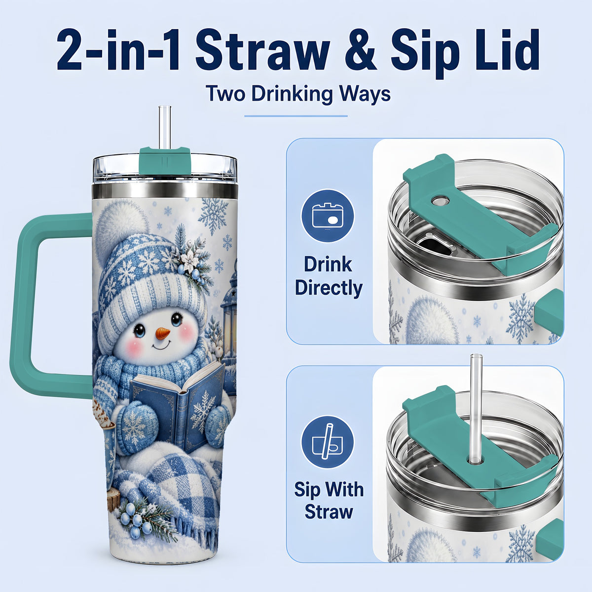#pl[40oz|Green] Cozy Winter Snowman 40oz Tumbler, Reading Holiday Drinkware