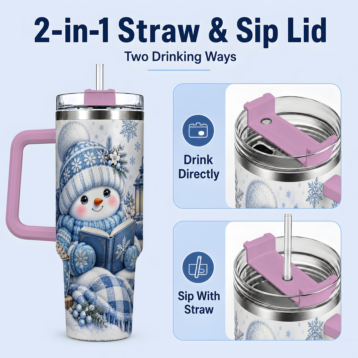 #pl[40oz|Pink] Cozy Winter Snowman 40oz Tumbler, Reading Holiday Drinkware