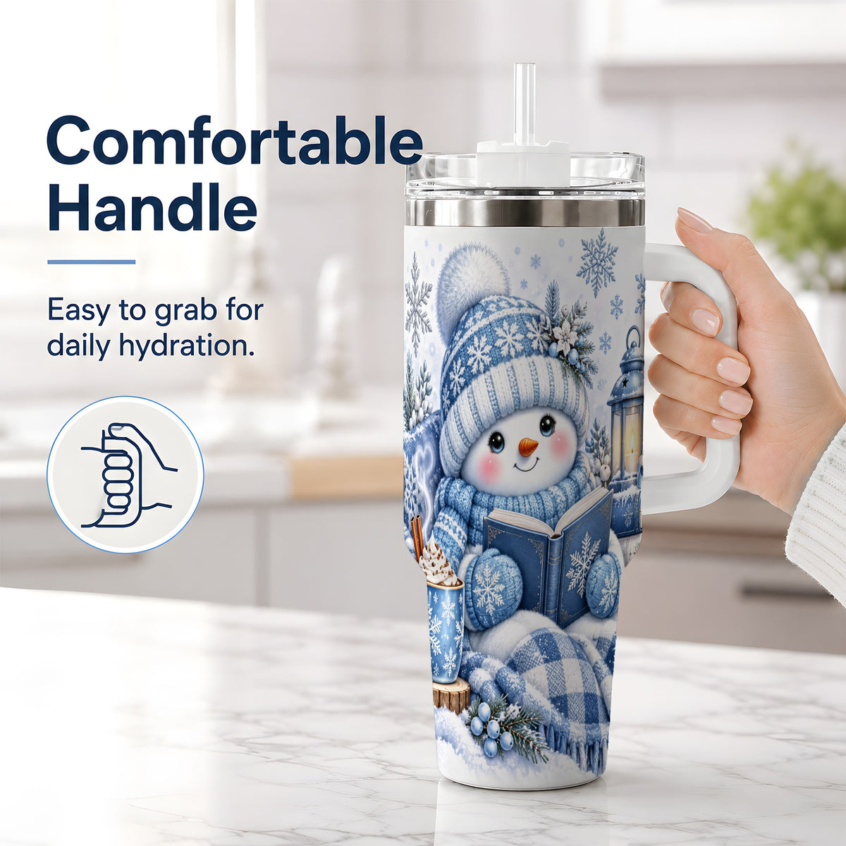 #pl[40oz|White] Cozy Winter Snowman 40oz Tumbler, Reading Holiday Drinkware