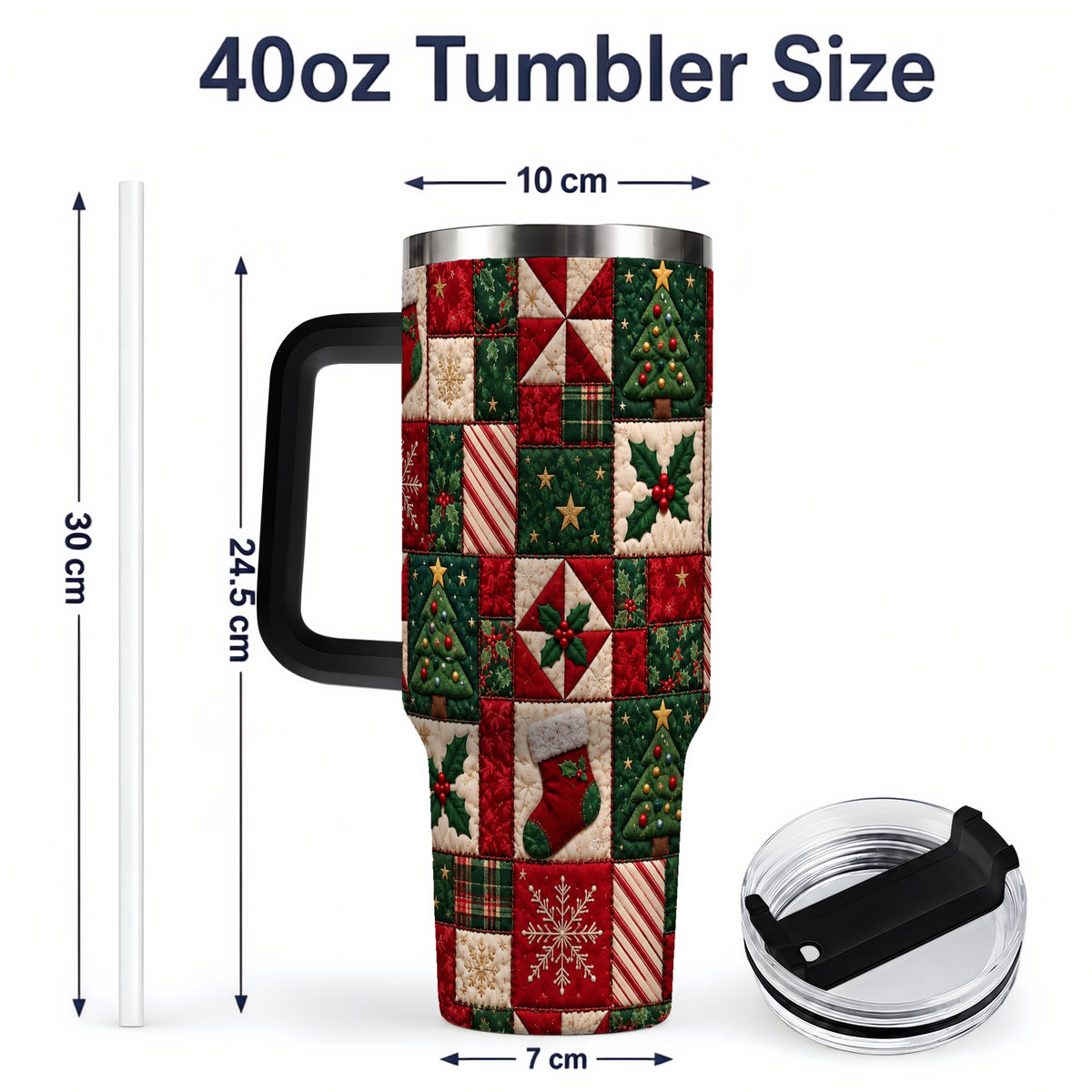 #pl[40oz|Black] Christmas Quilt Pattern 40oz Tumbler, Patchwork Holiday Drinkware