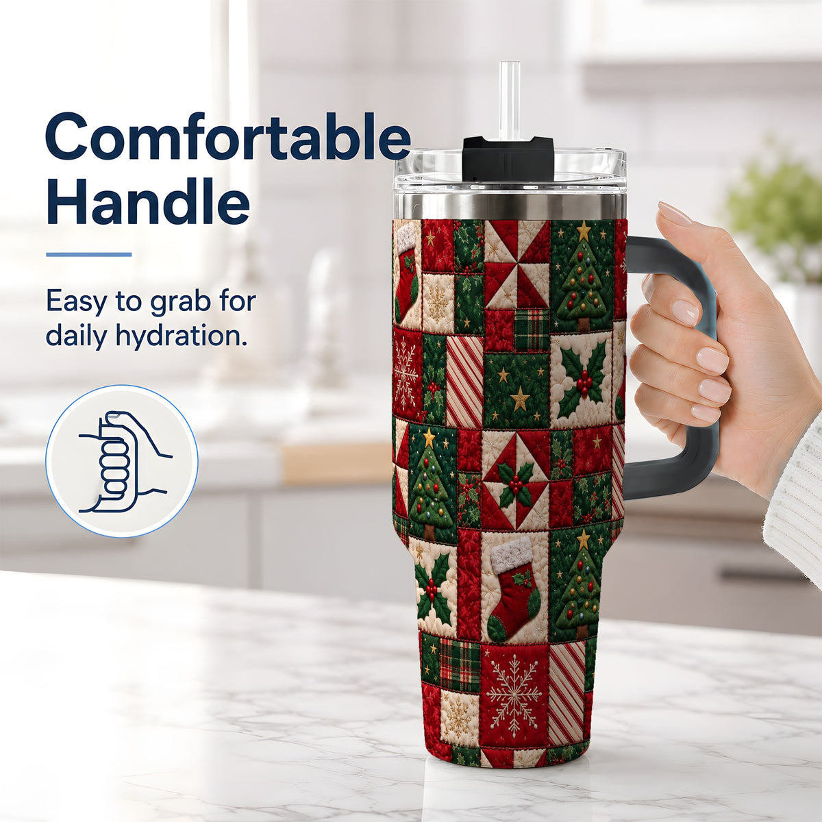 #pl[40oz|Black] Christmas Quilt Pattern 40oz Tumbler, Patchwork Holiday Drinkware