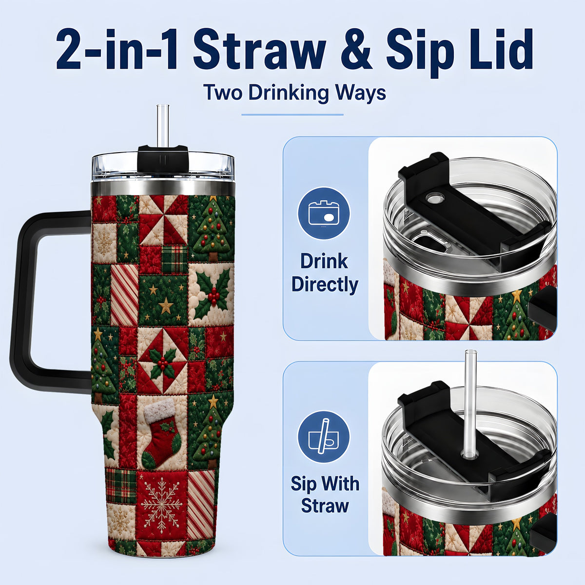 #pl[40oz|Black] Christmas Quilt Pattern 40oz Tumbler, Patchwork Holiday Drinkware
