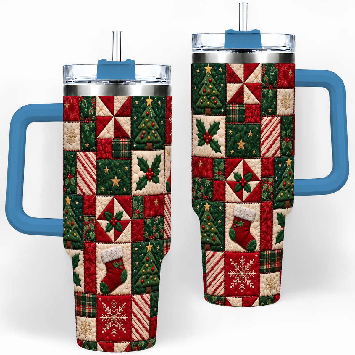 #pl[40oz|Blue] Christmas Quilt Pattern 40oz Tumbler, Patchwork Holiday Drinkware