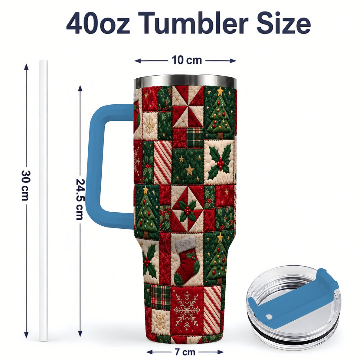 #pl[40oz|Blue] Christmas Quilt Pattern 40oz Tumbler, Patchwork Holiday Drinkware
