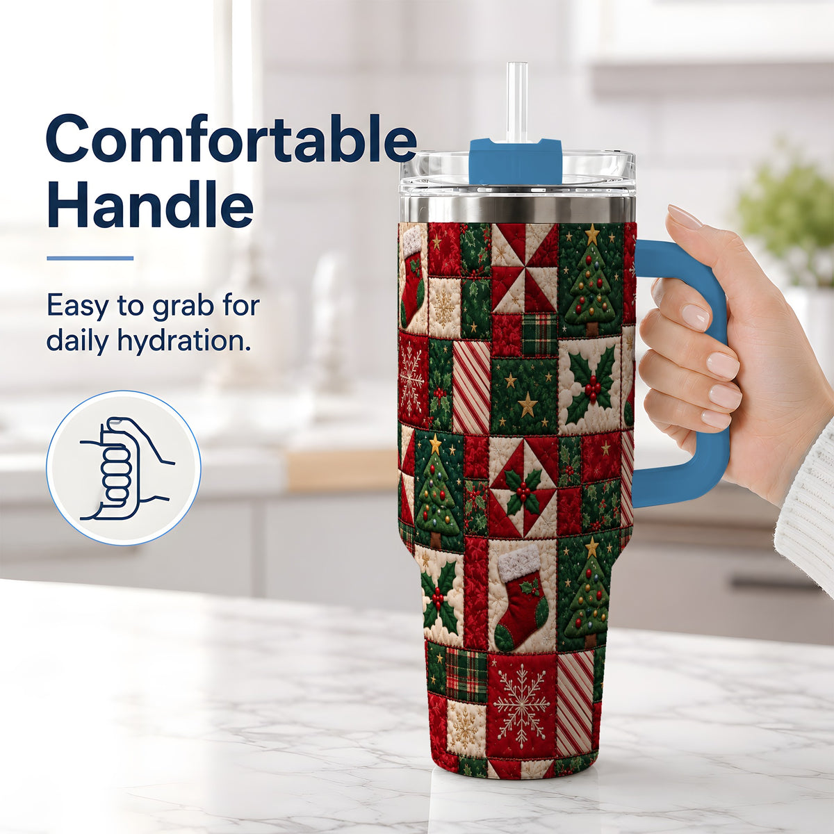 #pl[40oz|Blue] Christmas Quilt Pattern 40oz Tumbler, Patchwork Holiday Drinkware