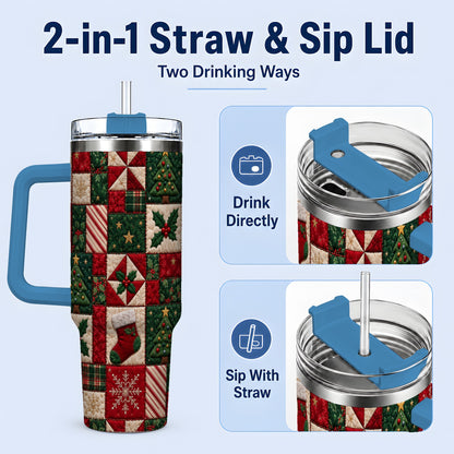 #pl[40oz|Blue] Christmas Quilt Pattern 40oz Tumbler, Patchwork Holiday Drinkware