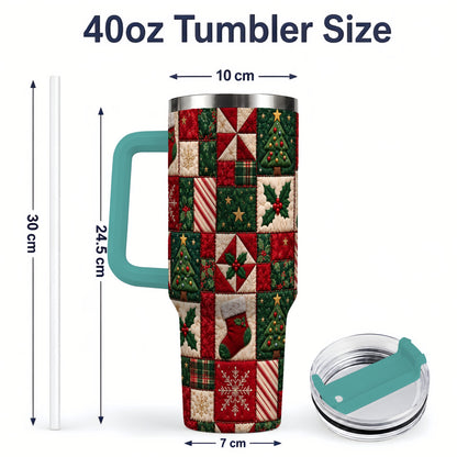 #pl[40oz|Green] Christmas Quilt Pattern 40oz Tumbler, Patchwork Holiday Drinkware