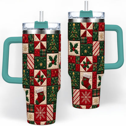 #pl[40oz|Green] Christmas Quilt Pattern 40oz Tumbler, Patchwork Holiday Drinkware