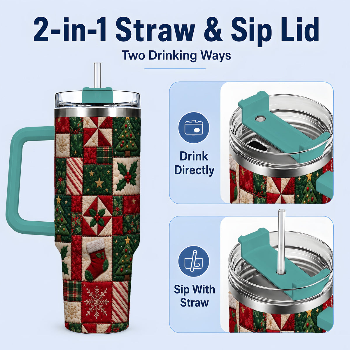 #pl[40oz|Green] Christmas Quilt Pattern 40oz Tumbler, Patchwork Holiday Drinkware
