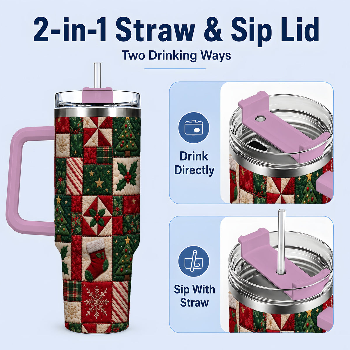 #pl[40oz|Pink] Christmas Quilt Pattern 40oz Tumbler, Patchwork Holiday Drinkware