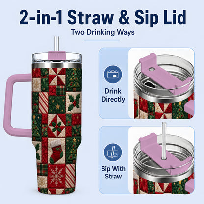 #pl[40oz|Pink] Christmas Quilt Pattern 40oz Tumbler, Patchwork Holiday Drinkware