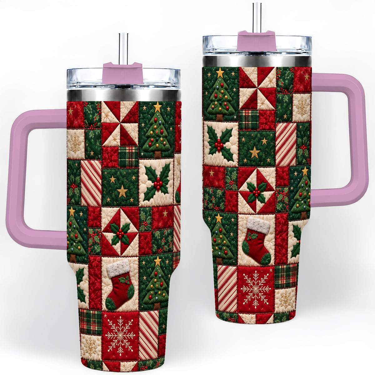 #pl[40oz|Pink] Christmas Quilt Pattern 40oz Tumbler, Patchwork Holiday Drinkware