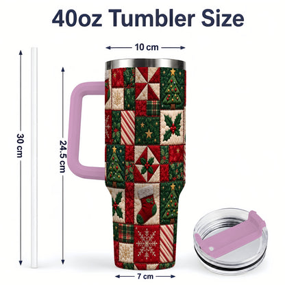 #pl[40oz|Pink] Christmas Quilt Pattern 40oz Tumbler, Patchwork Holiday Drinkware