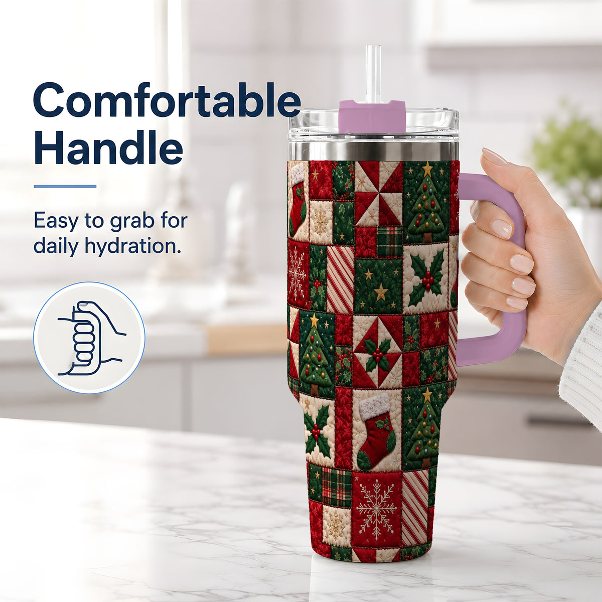 #pl[40oz|Pink] Christmas Quilt Pattern 40oz Tumbler, Patchwork Holiday Drinkware