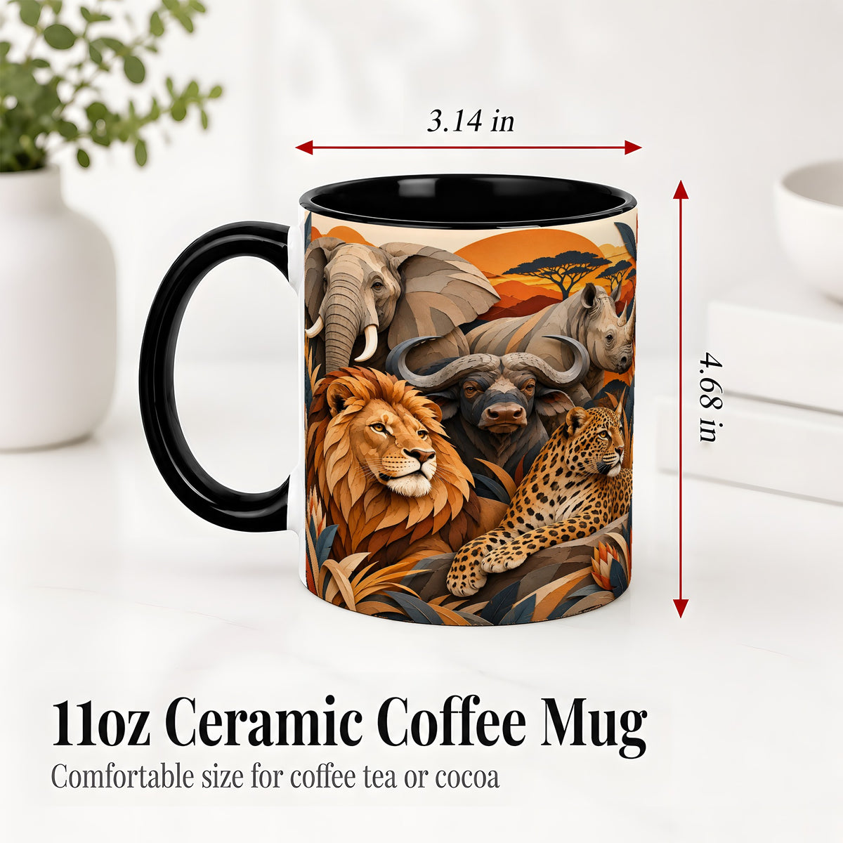 #pl[11oz|Black] Safari Wildlife Ceramic Mug, African Animal Artwork for Nature Fans