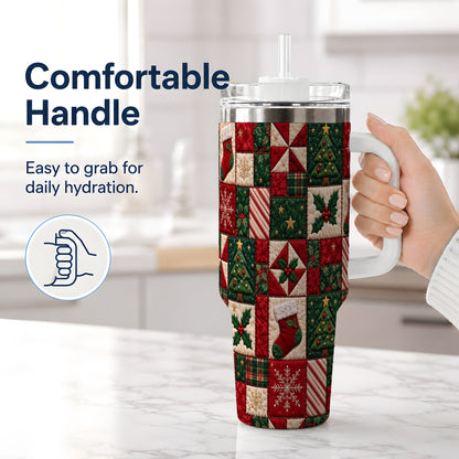 #pl[40oz|White] Christmas Quilt Pattern 40oz Tumbler, Patchwork Holiday Drinkware