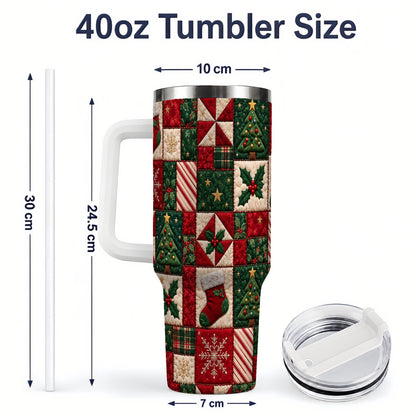 #pl[40oz|White] Christmas Quilt Pattern 40oz Tumbler, Patchwork Holiday Drinkware