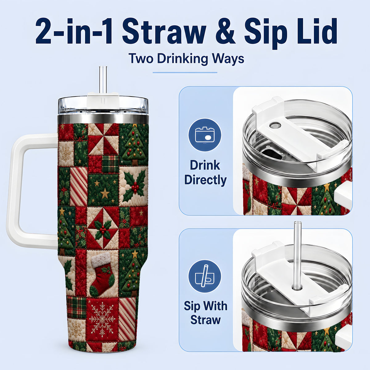 #pl[40oz|White] Christmas Quilt Pattern 40oz Tumbler, Patchwork Holiday Drinkware