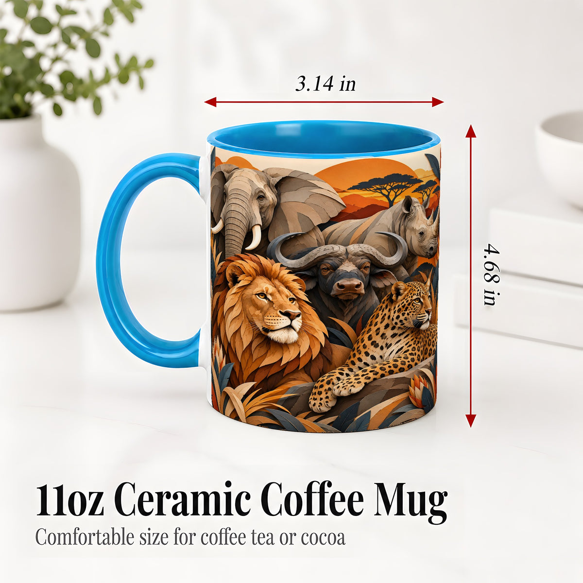 #pl[11oz|Blue] Safari Wildlife Ceramic Mug, African Animal Artwork for Nature Fans