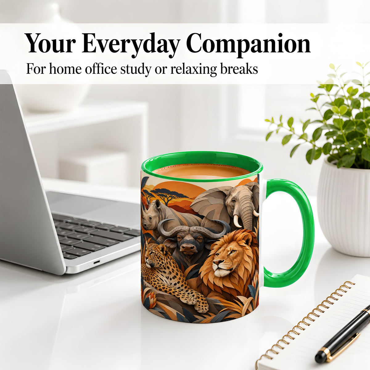 #pl[11oz|Green] Safari Wildlife Ceramic Mug, African Animal Artwork for Nature Fans