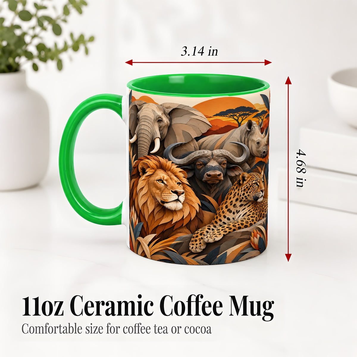 #pl[11oz|Green] Safari Wildlife Ceramic Mug, African Animal Artwork for Nature Fans