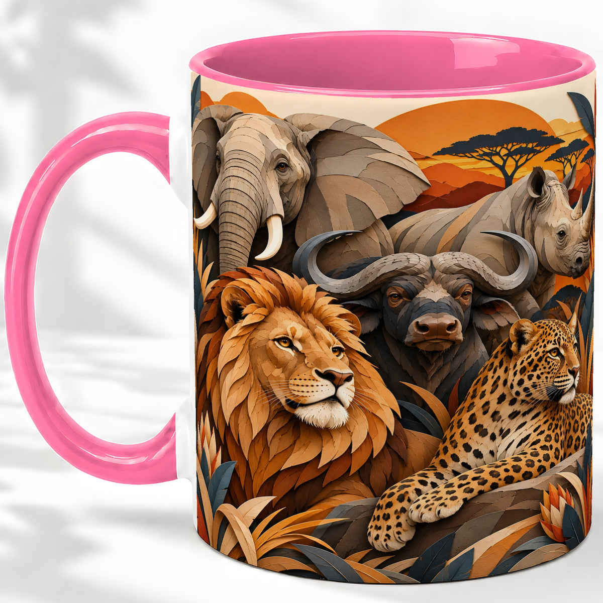 #pl[11oz|Pink] Safari Wildlife Ceramic Mug, African Animal Artwork for Nature Fans